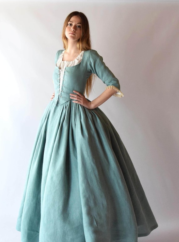 Vestido del siglo XVIII, elegante traje histórico de lino verde