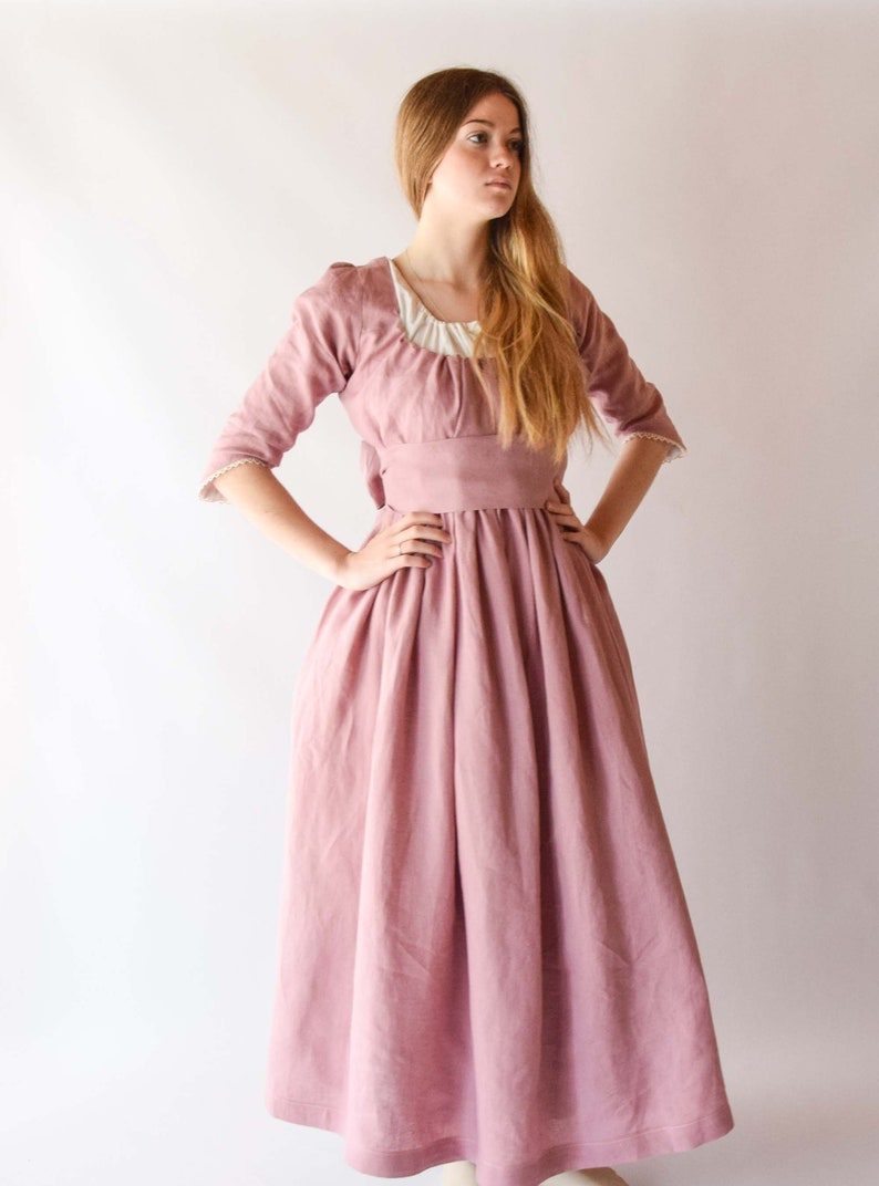 Jane Austen Regency Dress, Old Pink Linen Midi with Lace Ribbon, Feminine Cottagecore Style, Unique Gift for Fashion Enthusiasts image 1