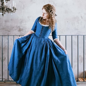 18th Century Dress, Steel Blue Linen English Gown, Perfect for Historical Events & Gifts for Outlander Fans