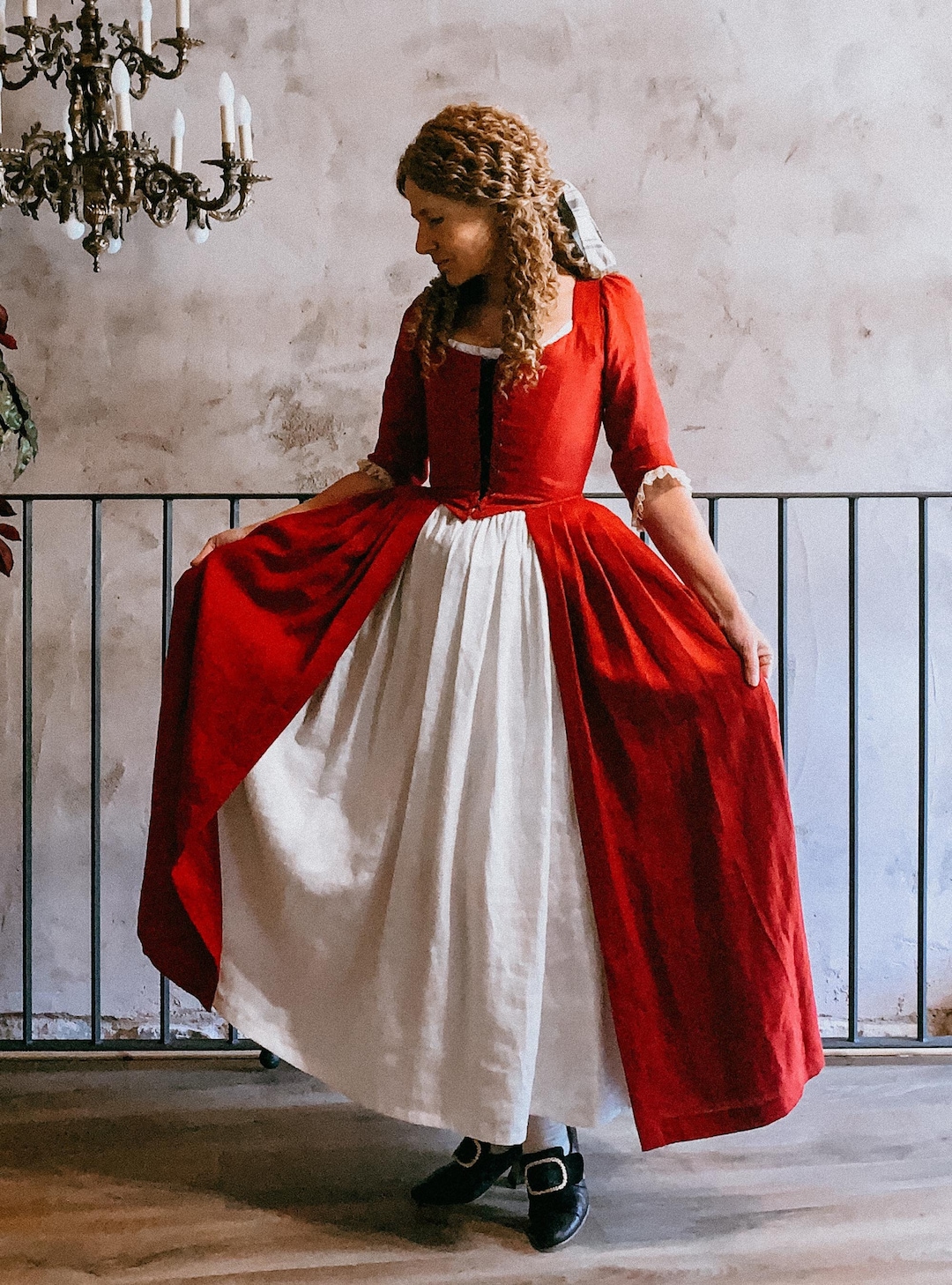 18th-century Dress, CHARLOTTE Overdress in Sage Green Linen With