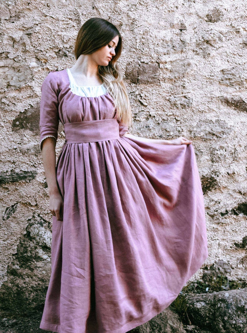 Jane Austen Regency Dress, Old Pink Linen Midi with Lace Ribbon, Feminine Cottagecore Style, Unique Gift for Fashion Enthusiasts image 7