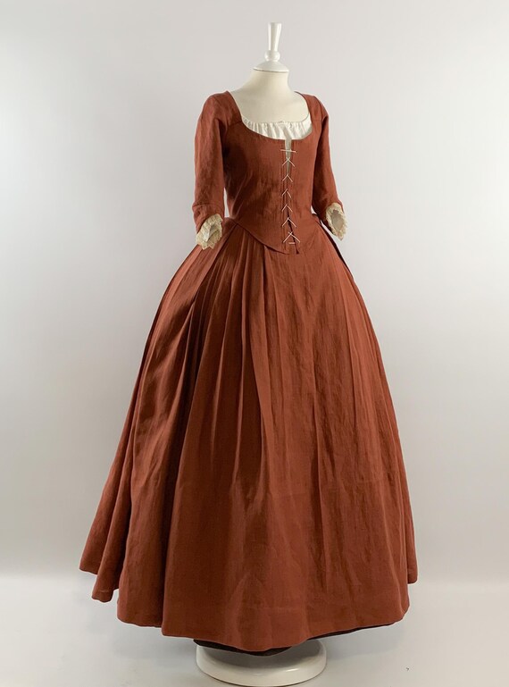 Authentic 1770s Dress, Pre-washed Linen in Rust Orange, Exquisite 