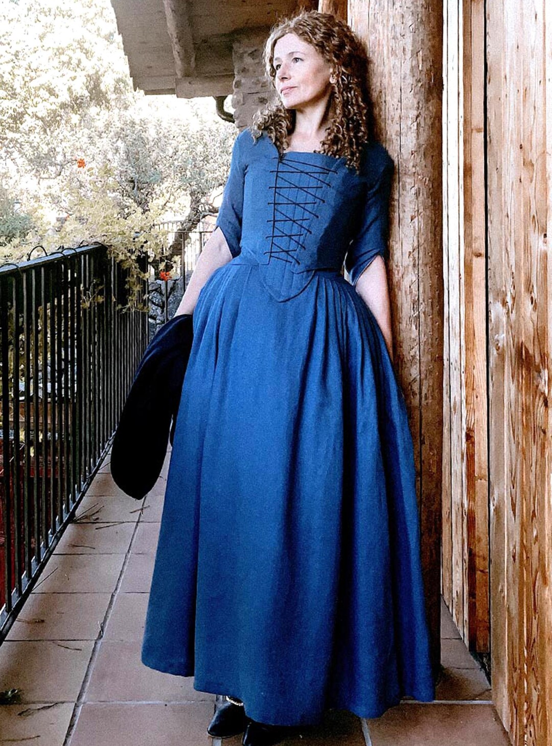 18th Century Costume in Steel Blue Linen, Outlander Inspired