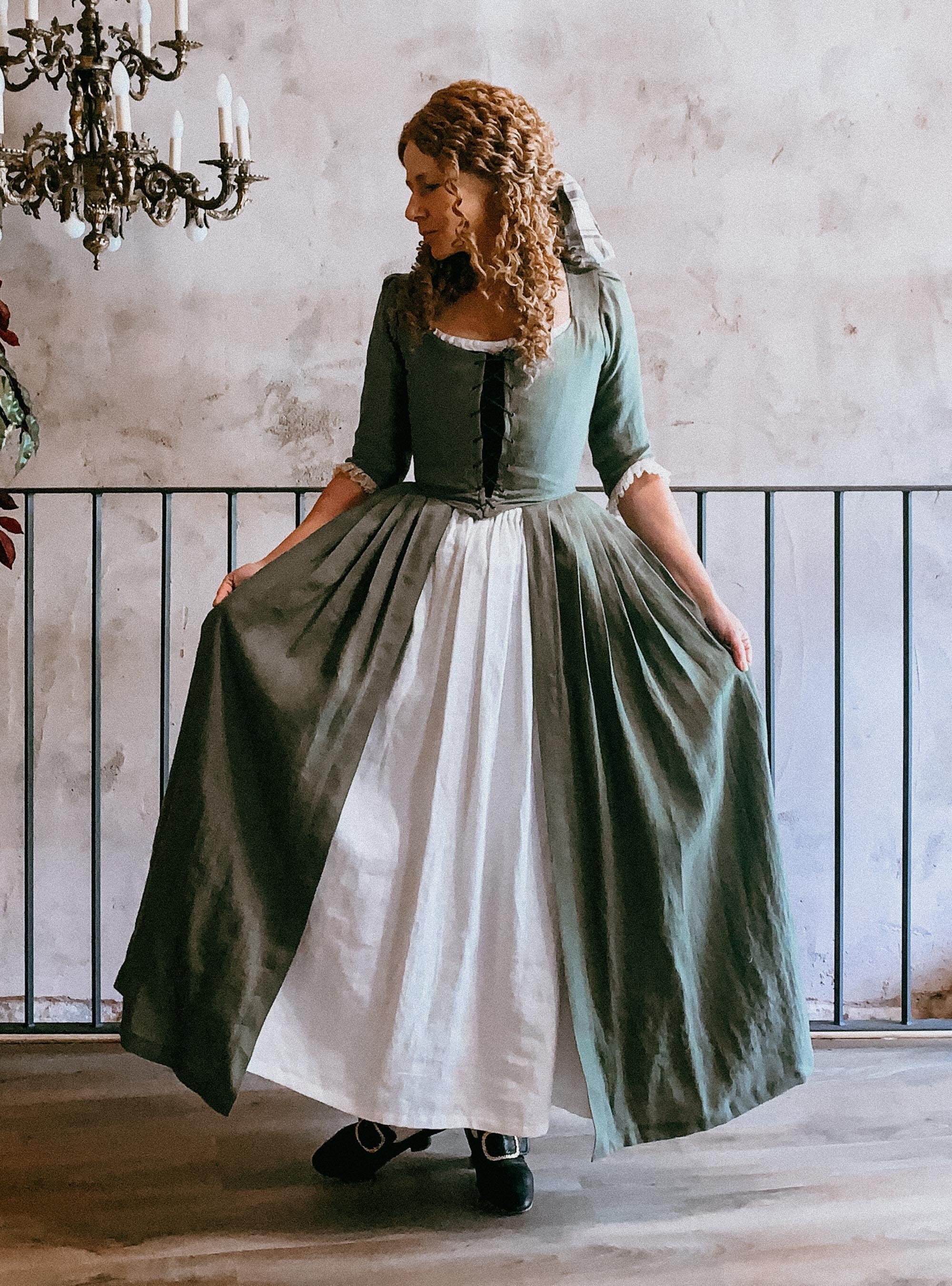 18th-century Dress, CHARLOTTE Overdress in Sage Green Linen With