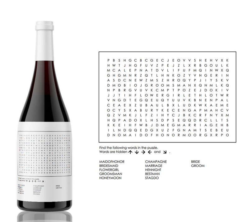 Wedding themed Word search Wine Label from Kanwish Designs Etsy