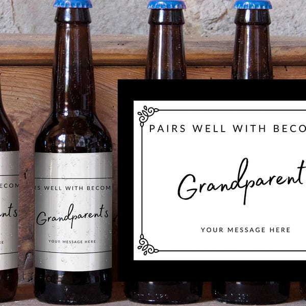 Pairs well with becoming Grandparents beer bottle Label | Baby Announcement | Pregnancy Announcement |  Gift for Nan Gran Grandad Grandma