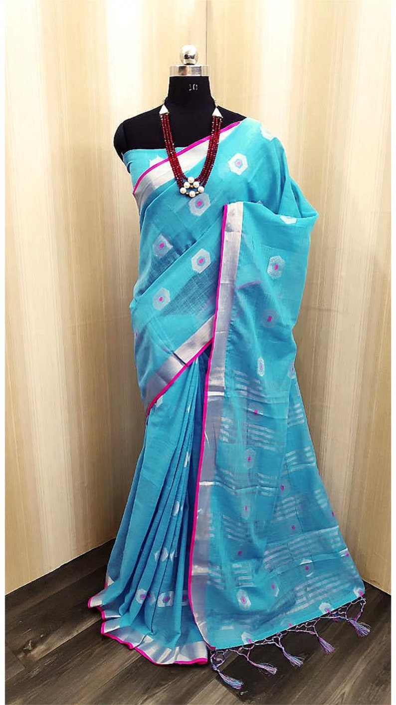 Pure Linen Saree With Silver Jari Border / Indian Saree/ Saree Etsy