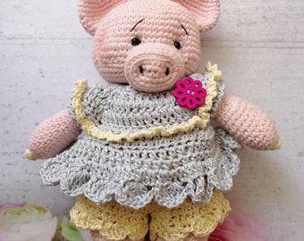 Crochet Pig Toy in Grey Dress, Handmade Stuffed Animal (9 inch)