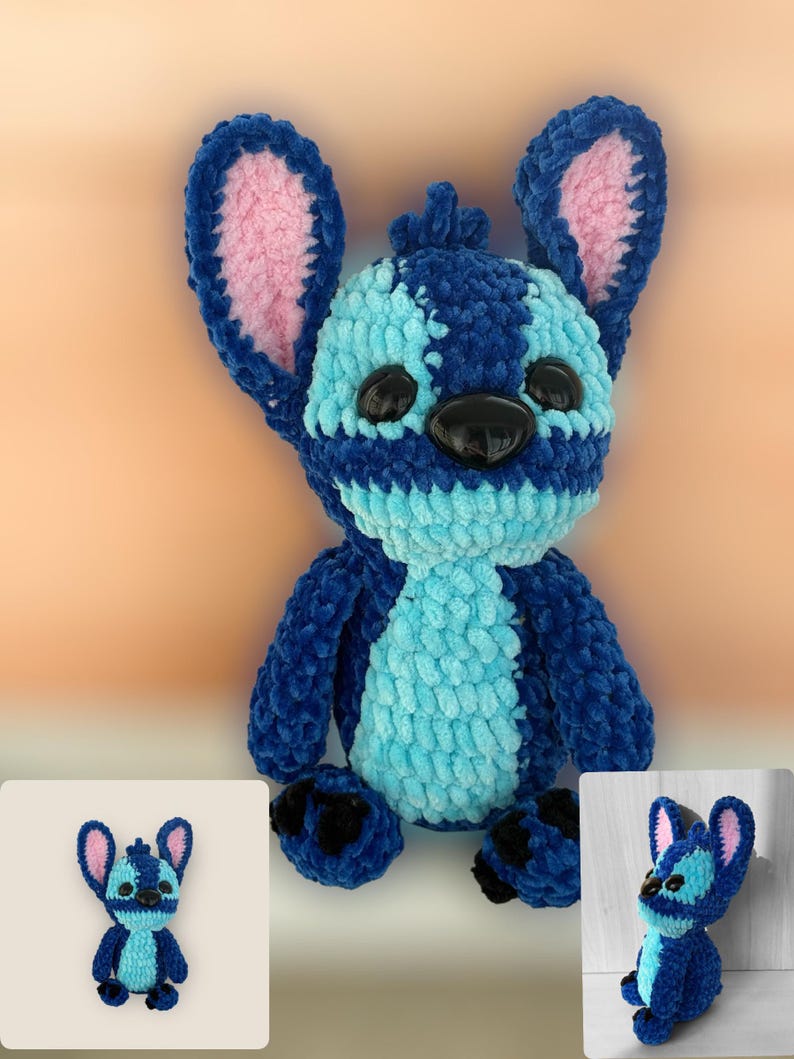 May include: A handmade blue and turquoise plush toy with large ears and black eyes. The plushie has a textured, fuzzy appearance and is a character from a popular animated film. The toy is displayed with two smaller images of the same character.
