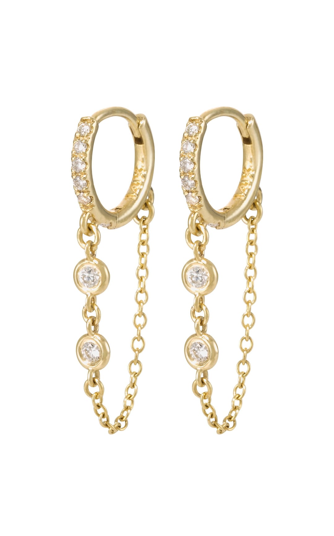 Diamond Drop Chain Earring, 14K Gold Chain Earring, Diamond Huggie Hoop