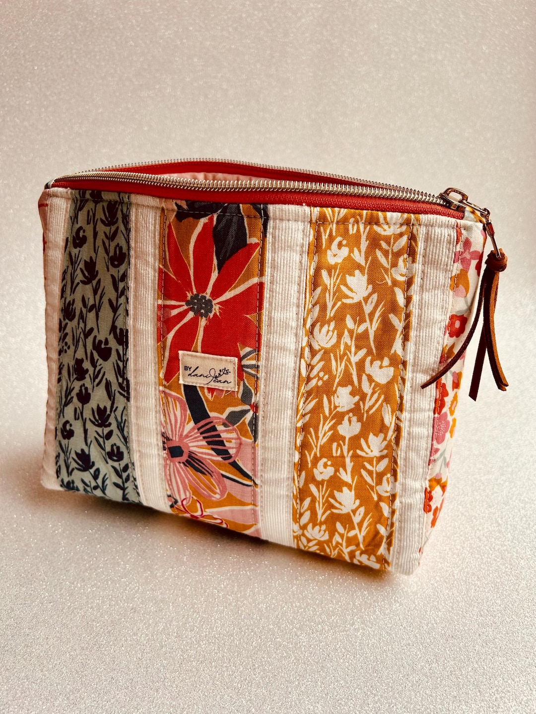 Orange Floral Print Quilted Cosmetic Toiletry Bag