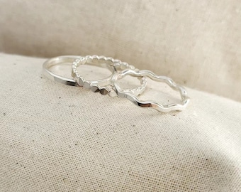 Chunky Sterling Silver Stacking Rings - Beaded, Wave and Hammered Bands