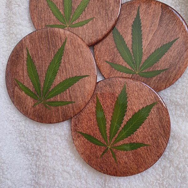 Pot Leaf coasters - Weed Hemp Coasters - REAL Marijuana Leaf - Stoner gift