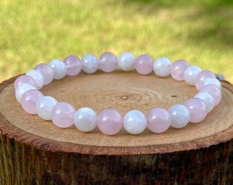 Moonstone Rose Quartz Bracelet. Handmade and can be customized. Shop for your beaded bracelet today! Free bag included.