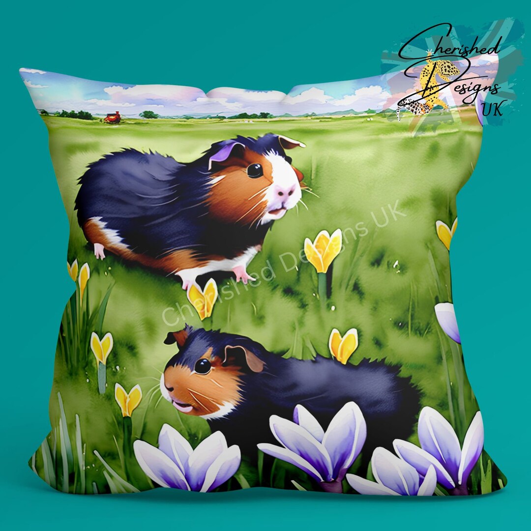 Guinea Pigs in Spring Poly Linen Pillow, Cavy, Guineapig Pillow, Cavy