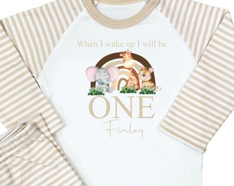Pijama de cumpleaños personalizado / Pijama safari beige "Cuando me despierto" / Pijama de cumpleaños para niño y niña / Pijama de primer cumpleaños