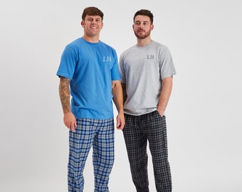Personalised Mens Woven Pyjamas | Mens Checked Pyjamas Set | Mens Short Long Sleeved Pyjamas