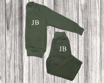 Personalised Khaki Green Boys Girls Tracksuit | Baby Green Tracksuit Loungewear | Childrens Tracksuit Sweatshirt Bottoms