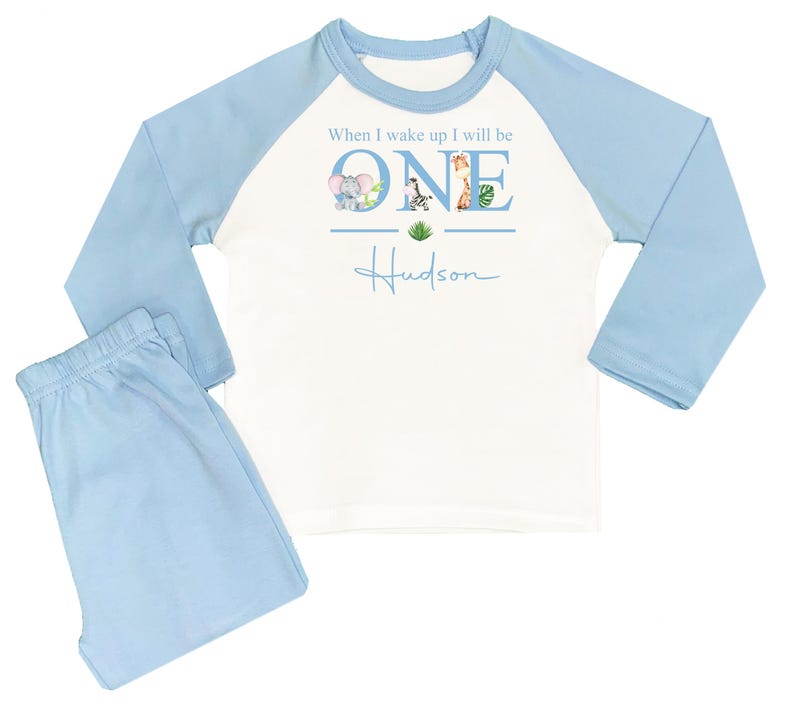 May include: Blue and white long-sleeved pajamas with a white shirt featuring the text "When I wake up I will be ONE" with animal illustrations and the name "Hudson" in cursive.