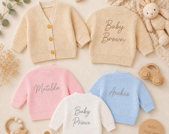 Cárdigan de punto para bebé / Regalo personalizado con nombre bordado para recién nacido (niño o niña)