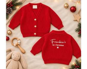 Personalised Babys First Christmas Knitted Cardigan | Embroidered Name 1st Xmas Gift