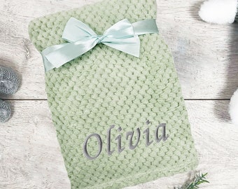 Personalised Baby Green Waffle Blanket | Baby Reveal Announcement Shower Blanket