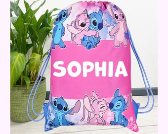 Bolsa con cordón de Lilo & Stitch / Bolsa personalizada de Disney para educación física, gimnasia y natación