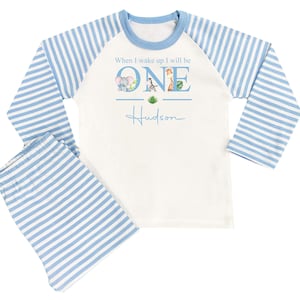 May include: Blue and white striped pajamas with long sleeves. The top has a white background with the text "When I wake up I will be ONE" with a number one surrounded by animal illustrations. The name "Hudson" is written below the number one.