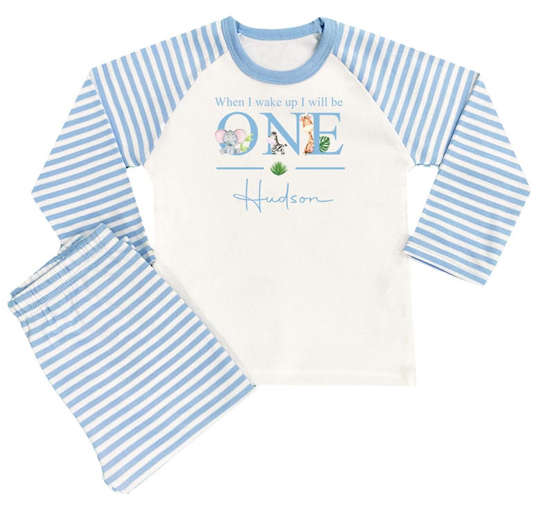 May include: Blue and white striped pajamas with long sleeves. The top has a white background with the text "When I wake up I will be ONE" with a number one surrounded by animal illustrations. The name "Hudson" is written below the number one.