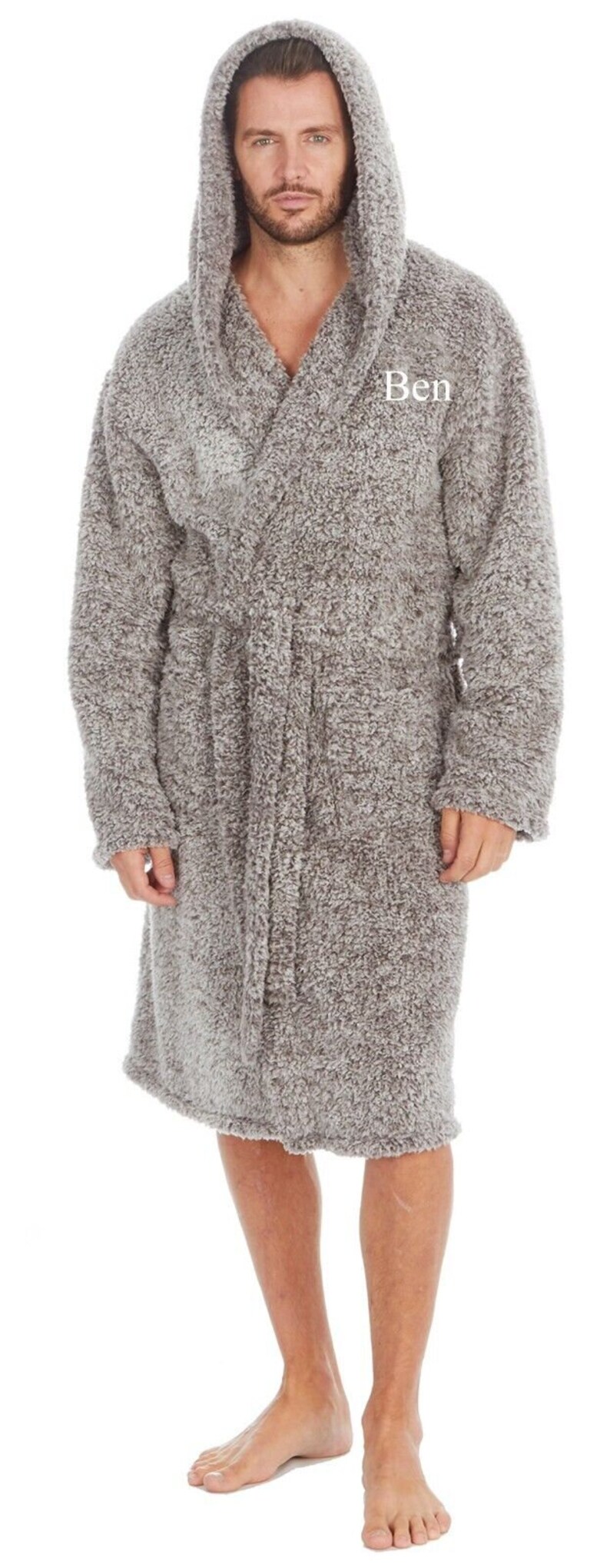 May include: A gray hooded robe with a white embroidered name "Ben" on the left chest.
