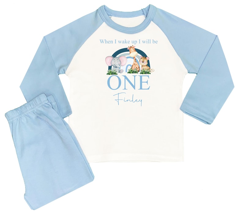 May include: A blue and white long-sleeved pajama set with a rainbow and animal graphic. The shirt says "When I wake up I will be ONE Finley".