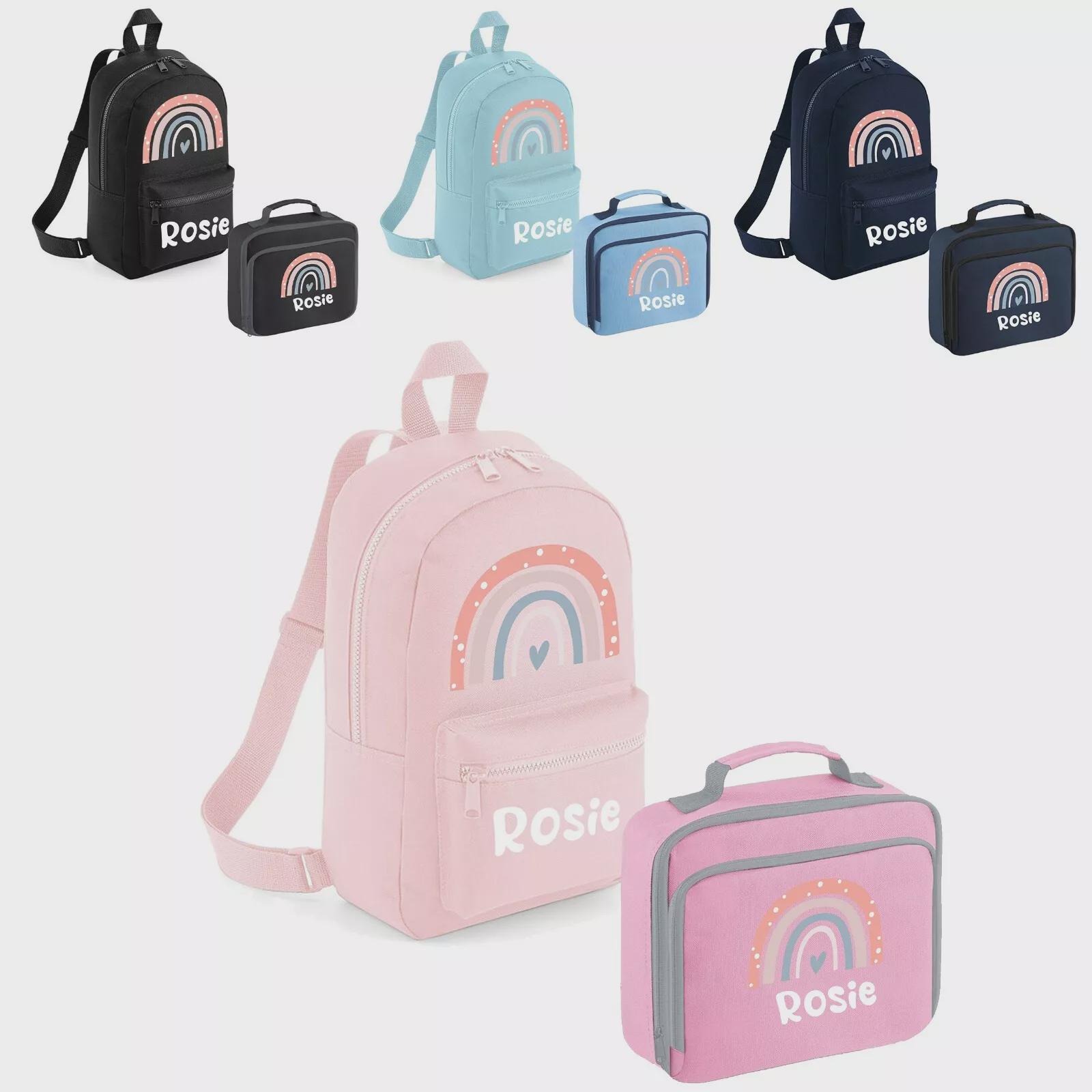 Personalised Lunch Bag Backpack Girls School Nursery Sandwich Box Rucksack Pink Rainbow