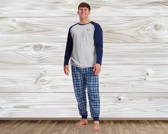Personalised Mens Woven Pyjamas | Mens Checked Pyjamas Set | Mens Long Sleeved Pyjamas Initial
