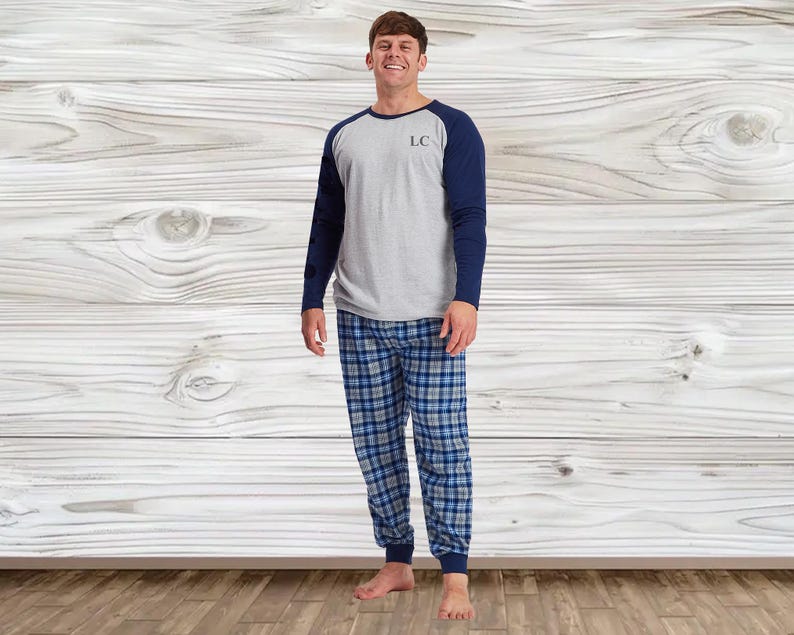 Personalised Mens Woven Pyjamas | Mens Checked Pyjamas Set | Mens Long Sleeved Pyjamas Initial image 1