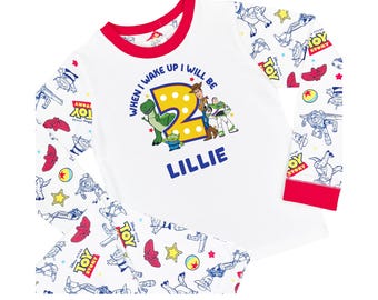 Pijama infantil personalizado de Toy Story para cumpleaños: Cuando me despierte, Buzz y Woody.