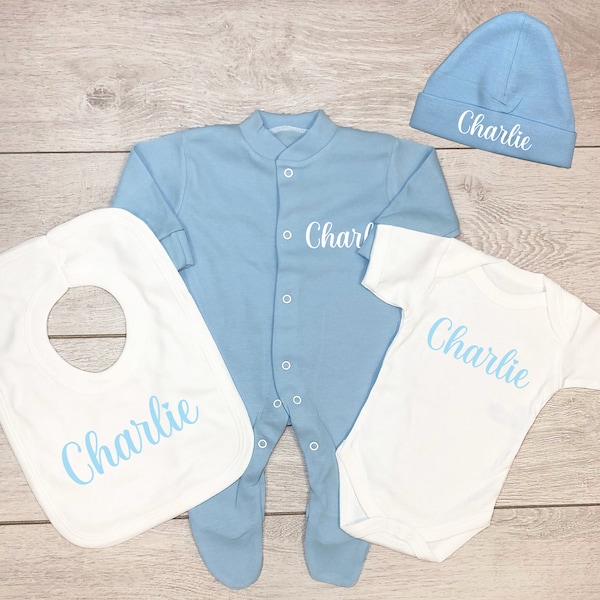 Personalised Baby Boy Gift Set | Personalised Blue Bib Vest Sleepsuit Hat | Baby Shower Gift | Home from Hospital