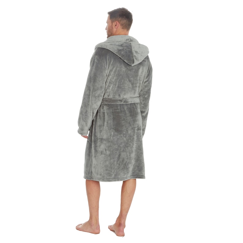 May include: A gray hooded robe with a self-tie belt. The robe is made of a soft, plush fabric.
