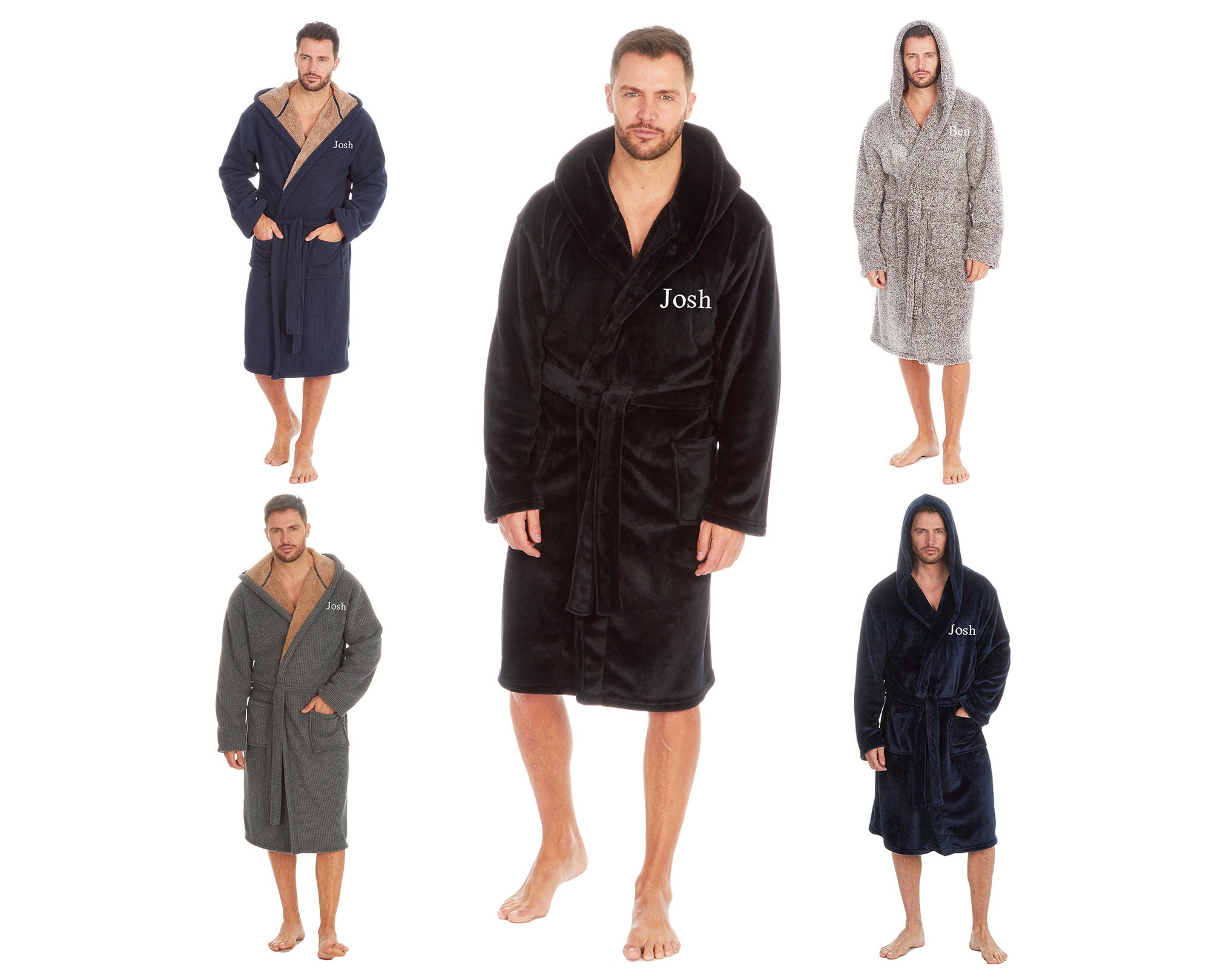 Personalised Mens Dressing Gown | Embroidered Hooded Bath Robe Fathers Day Gift