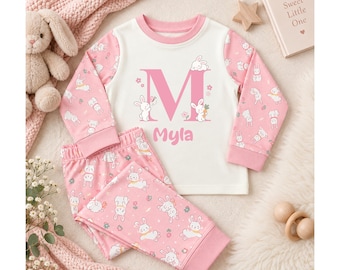 Personalised Girls Bunny Rabbit Pyjamas | Name Initial Cotton Animal Kids PJ