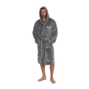 May include: Gray hooded robe with a white embroidered name "Will" on the front.