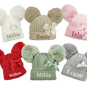 Personalised Baby Bow Pom Pom Hat | Bobble knitted Personalised Hat | Winter Baby Hat Personalised