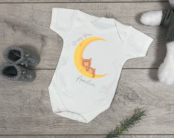 Personalised Baby Vest Sleepy Bear | Personalised Girls Boys Moon Bodysuit | Newborn Baby Gift