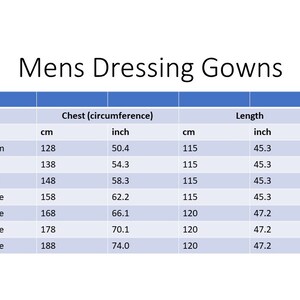 May include: Size chart for dressing gowns, showing chest and length measurements in inches and centimeters. Sizes include Medium, Large, X Large, 2X Large, 3X Large, 4X Large, and 5X Large.