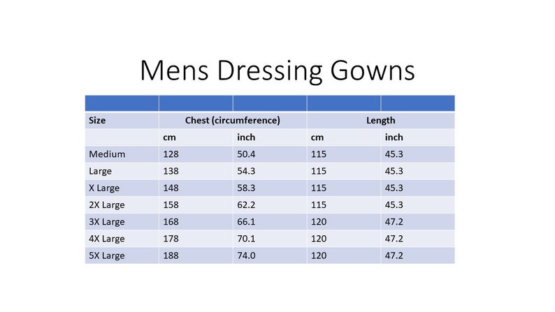 May include: Size chart for dressing gowns, showing chest and length measurements in inches and centimeters. Sizes include Medium, Large, X Large, 2X Large, 3X Large, 4X Large, and 5X Large.
