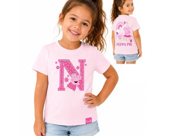 Peppa Pig Girls T Shirt | Personalised Initial Cotton Short Sleeve Top Toddler