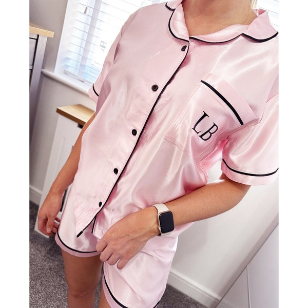 Ladies Personalised Satin Short Pyjamas | Button Collar Silk Ladies Pink Pyjamas