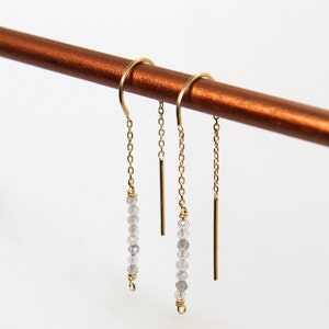 Chain earring "BELIEVE" with labradorite, silver 925, 18 carat gold plated