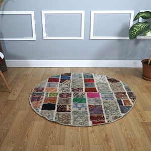 Tapis patchwork rond vintage, tapis rond en laine multicolore, 4 x 4 pi