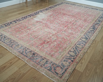Pink Blue Oushak Rug, Boho Wool Rug, Vintage Turkish Rug, Distressed Woven Rug, Oriental Decor Rug, Bohemian Carpet, 5.35x8.96 ft. H-2204