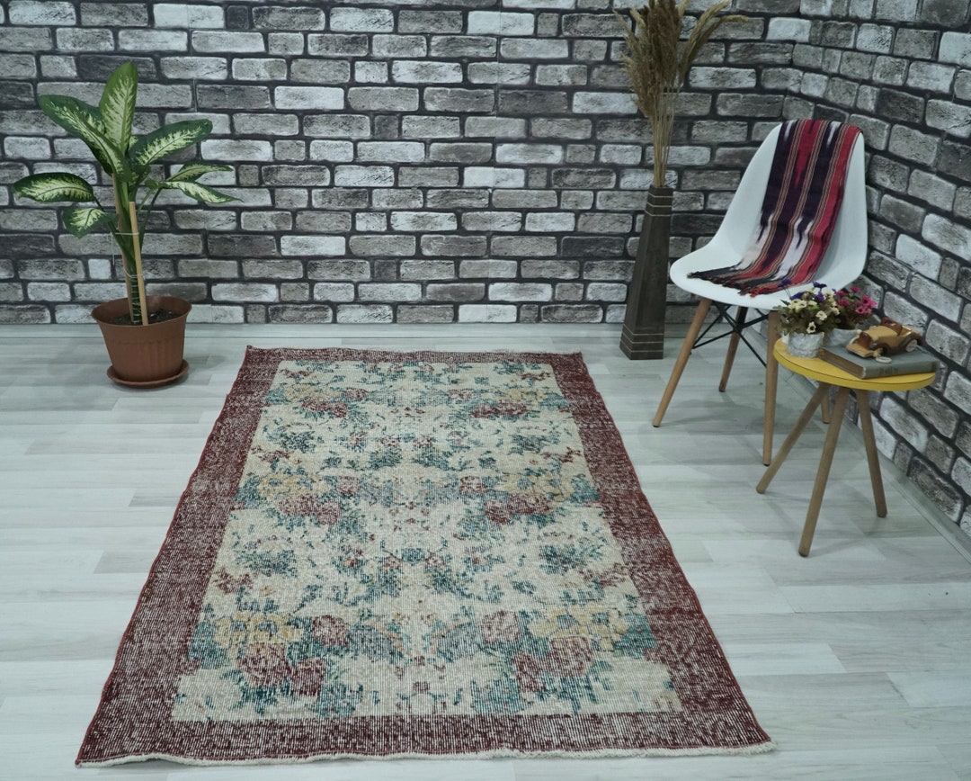 Tukish Wool Rug Hand-knotted Wool Turkish Rug, Floral Oushak, Farmhouse Style (3.77x6 ...